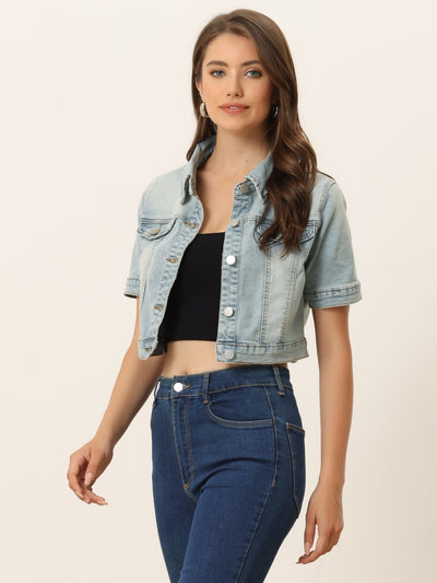 Casual Lapel Short Sleeve Crop Top Jean Denim Jacket