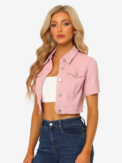 Casual Lapel Short Sleeve Crop Top Jean Denim Jacket