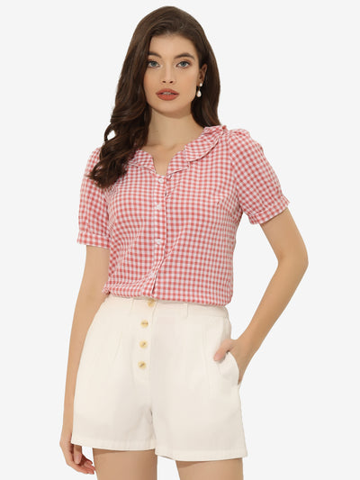 Plaid Blouse Puff Sleeve Ruffle Peter Pan Collar Shirt Top