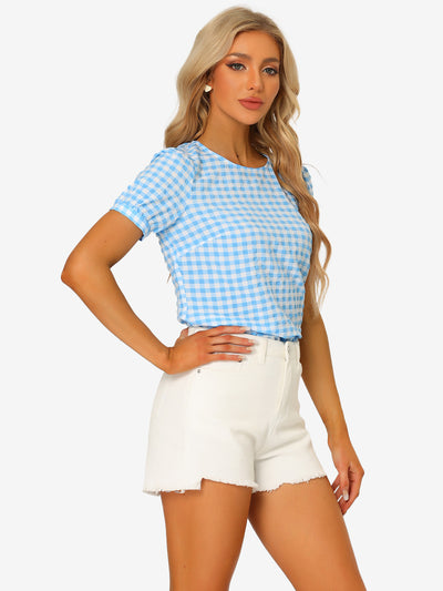 Vintage Blouse Plaid Crew Neck Puff Sleeve Casual Gingham Tops