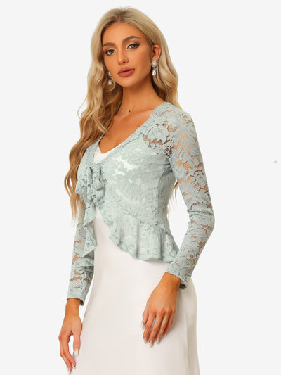 Floral Lace Tie Front Ruffled Hem Sheer Crop Bolero Shrug