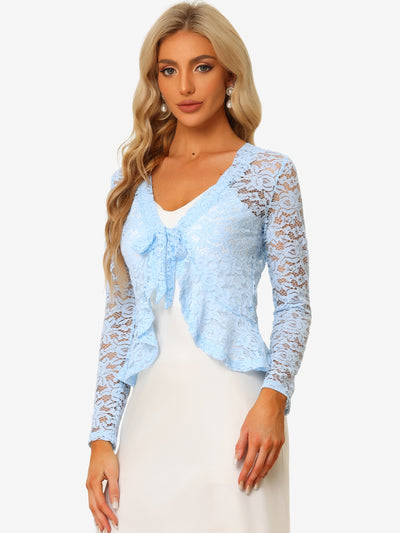 Floral Lace Tie Front Ruffled Hem Sheer Crop Bolero Shrug