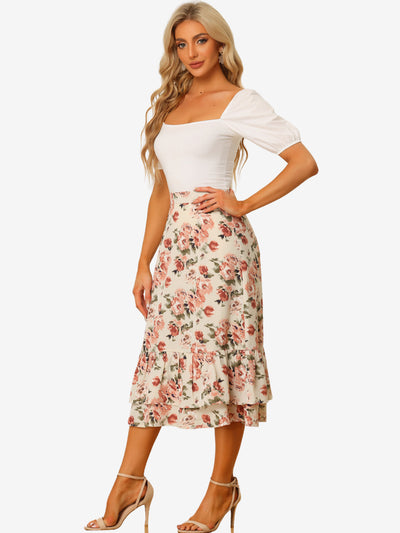 Printed Chiffon Elastic Waist Ruffle Tiered Flowy Midi Skirt