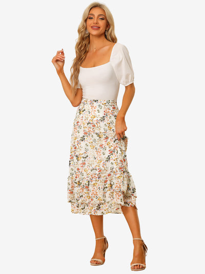 Printed Chiffon Elastic Waist Ruffle Tiered Flowy Midi Skirt