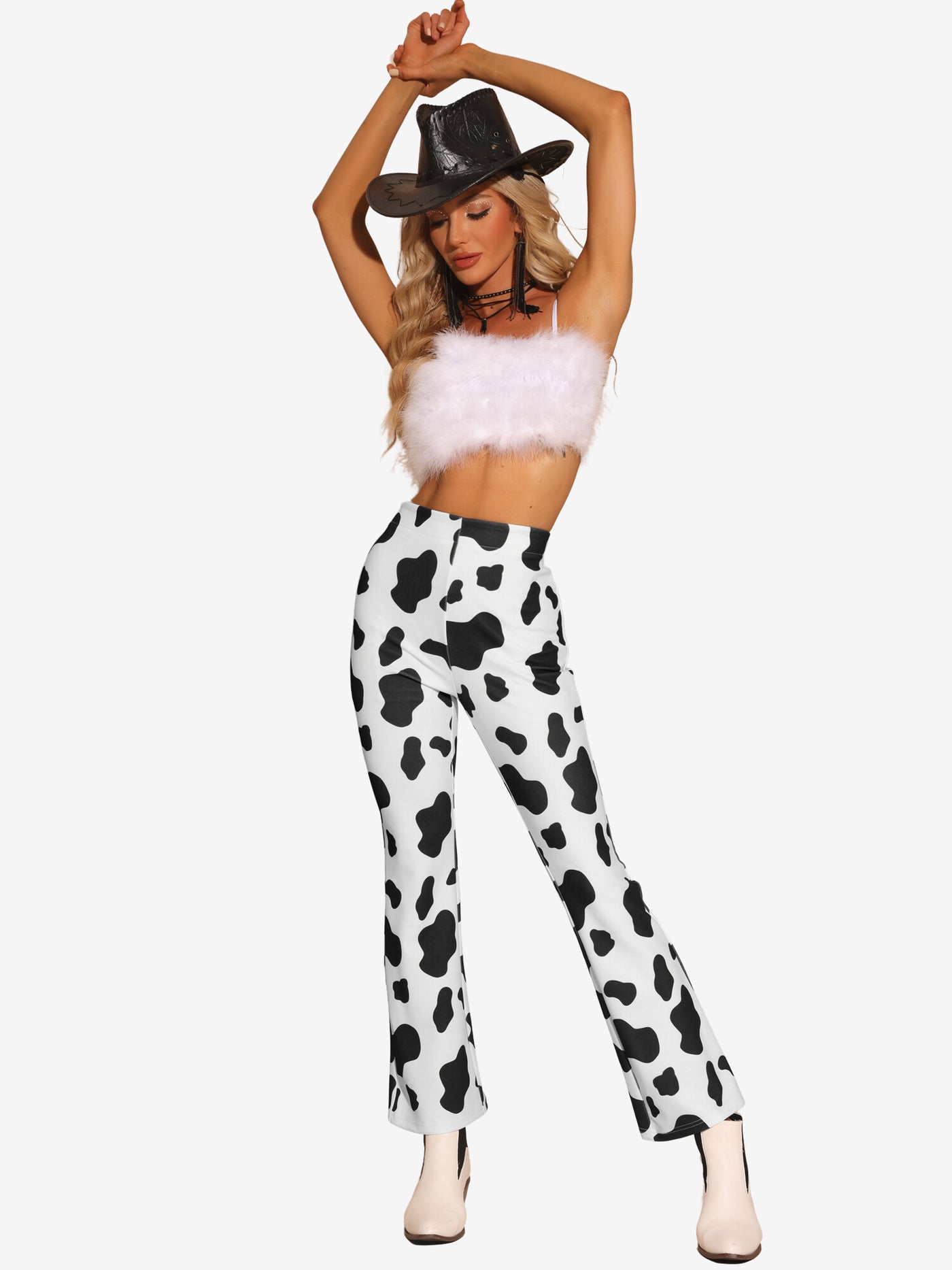 Allegra K Bell Bottom Long Trouser High Waist Flare Cow Print Pants