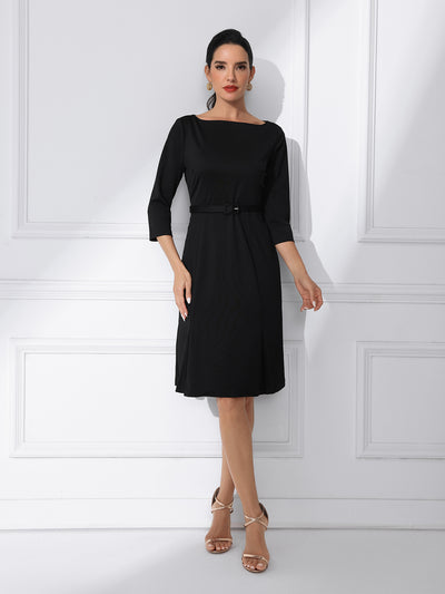 Business Elegant Boat Neck Half Sleeve Pleated Midi Solid Dress