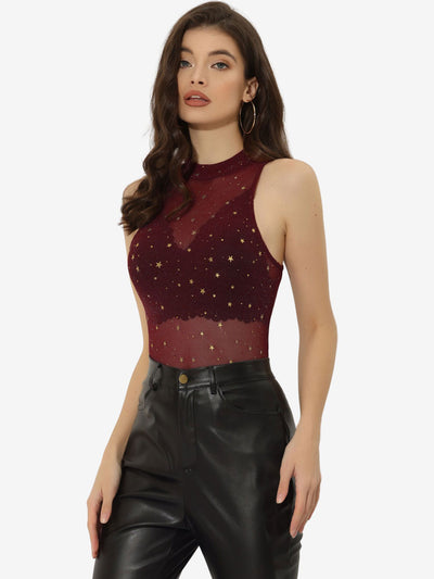 Star Mesh Metallic Mock Neck Sleeveless See Through Tank Top