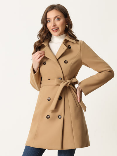 Allegra K Lapel Double Breasted Slant Pocket Button Belted Pea Coats