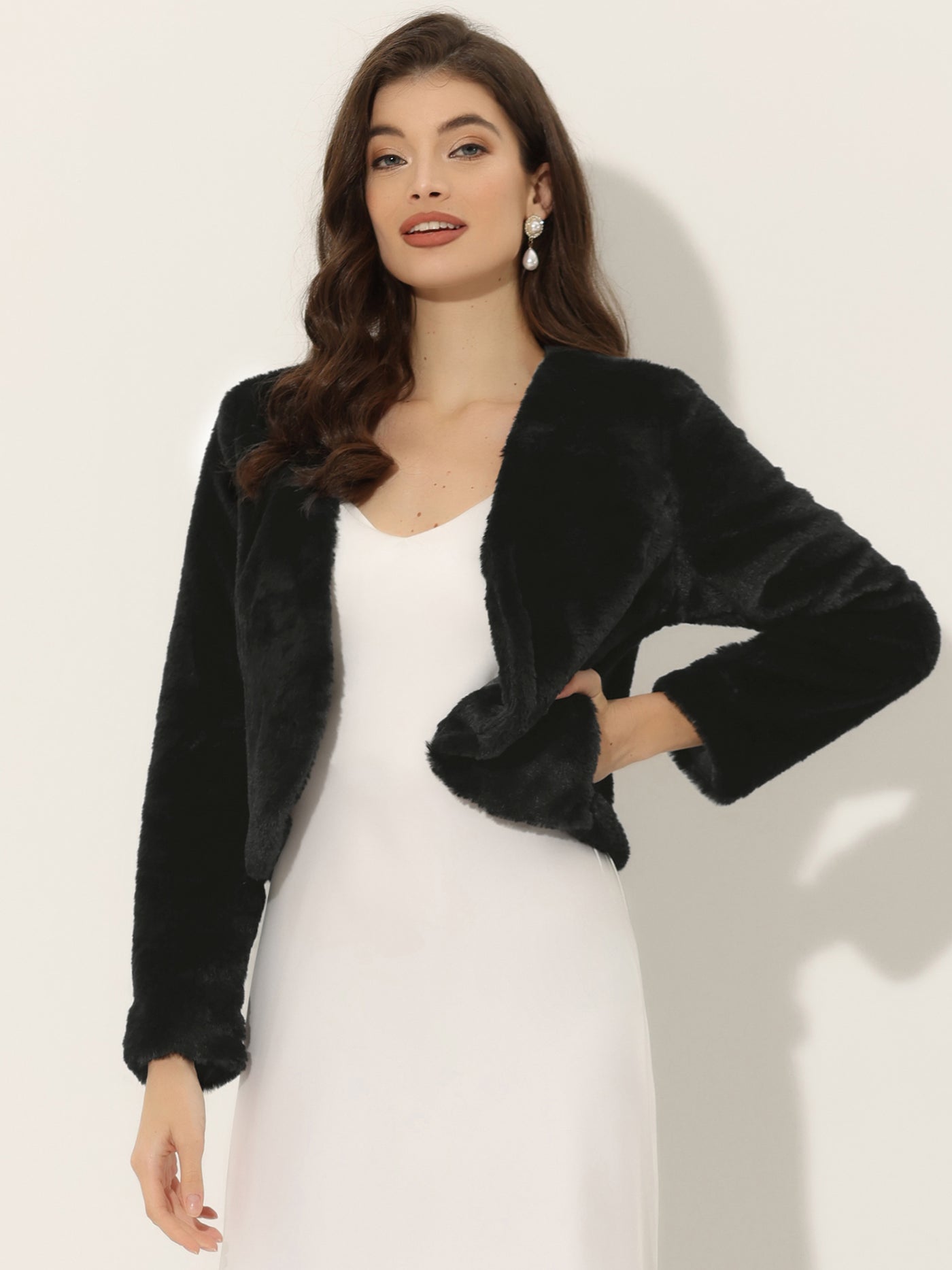 Allegra K Faux Fur Long Sleeve Open Front Bolero Winter Coat Cropped Jacket