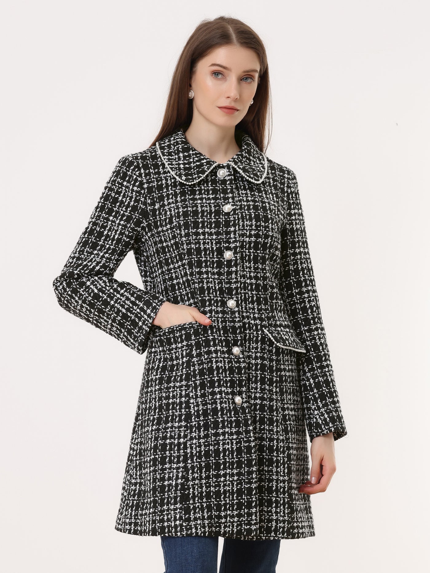 Allegra K Doll Collar Plaid Tweed Winter Button Elegant Long Coat