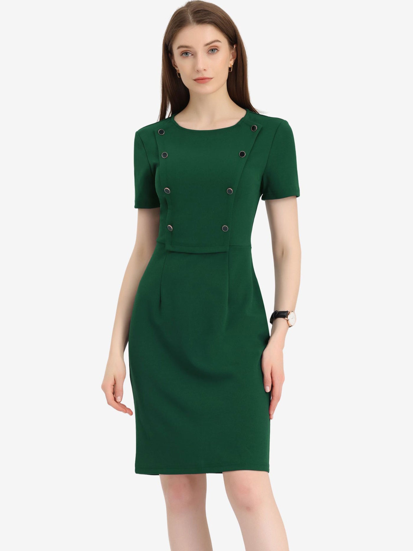 Allegra K Button Decor Round Neck Short Sleeve Midi Sheath Dress