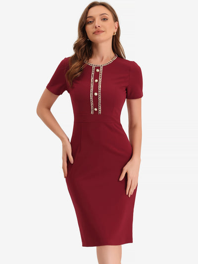 Short Sleeve Button Decor Bodycon Sheath Work Midi Dress