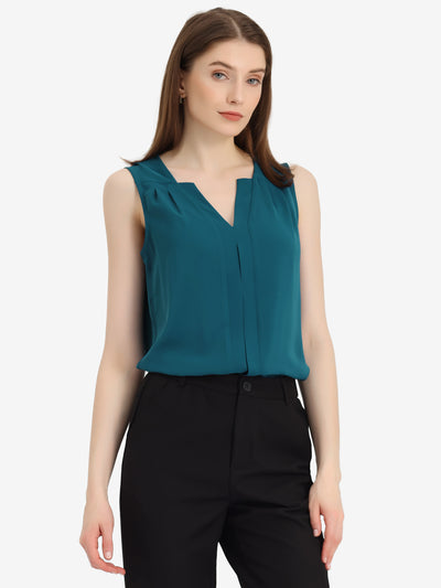 Sleeveless Work Top Pleated Chiffon V Neck Blouse