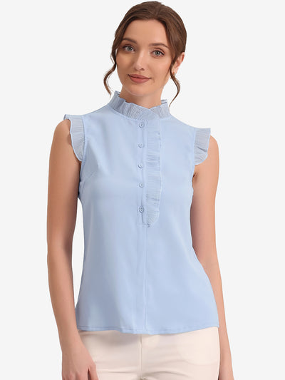 Sleeveless Shirt Button Up Solid Color Ruffle Summer Blouse