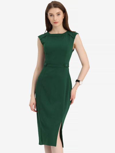 Round Neck Slim Fit Sleeveless Split Work Pencil Sheath Dress