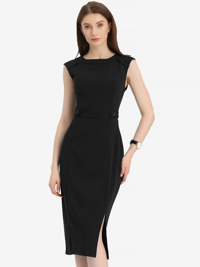 Round Neck Slim Fit Sleeveless Split Work Pencil Sheath Dress