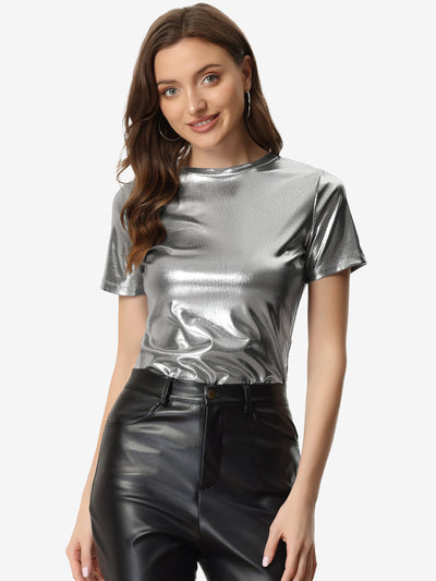 Party Metallic Textured Short Sleeve Shiny Multicolor Top