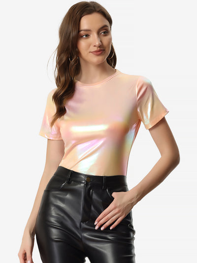 Glitter Metallic Short Sleeve Shiny Multicolor Blouse