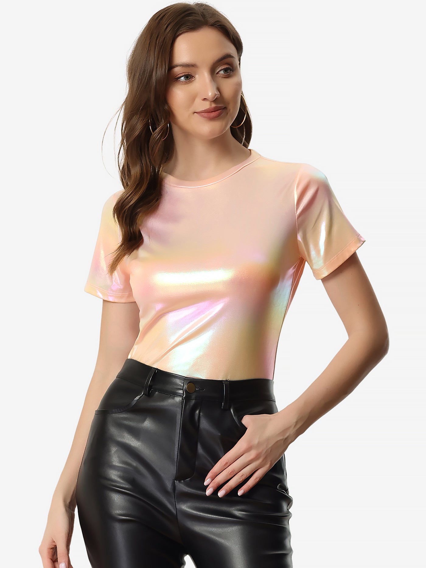 Allegra K Glitter Metallic Short Sleeve Shiny Multicolor Blouse