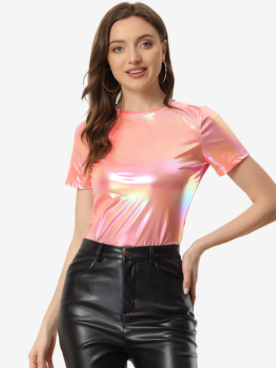 Party Metallic Textured Short Sleeve Shiny Multicolor Top