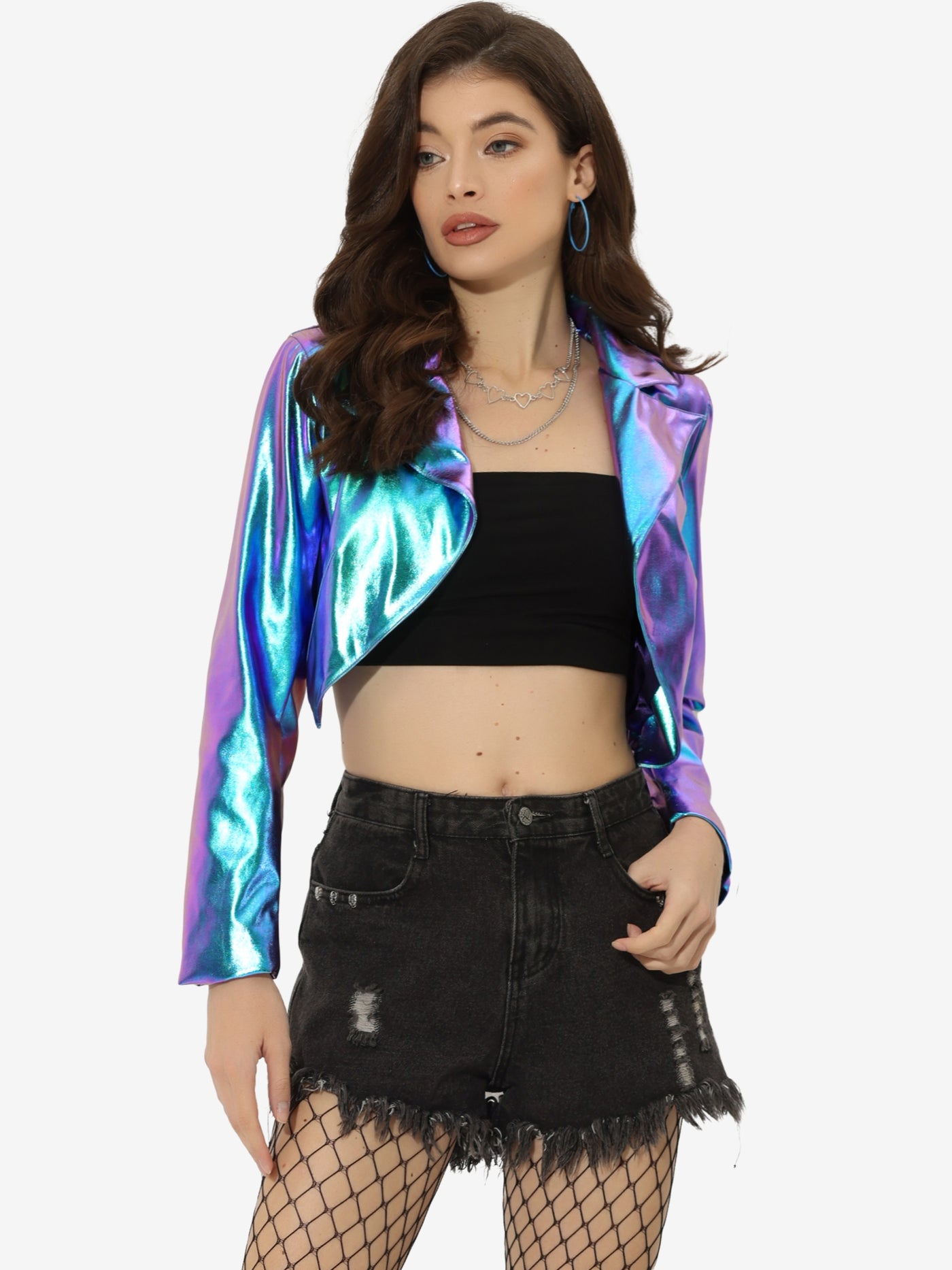 Allegra K Holographic Long Sleeve Lapel Crop Shiny Party Metallic Jacket