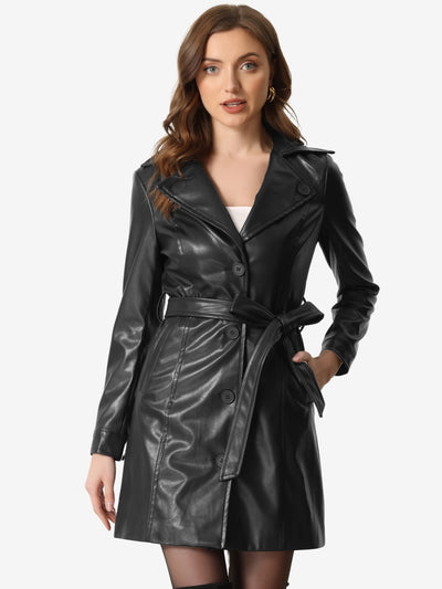 Allegra K Faux Leather Notched Lapel Collar Button Down Steampunk PU Coat