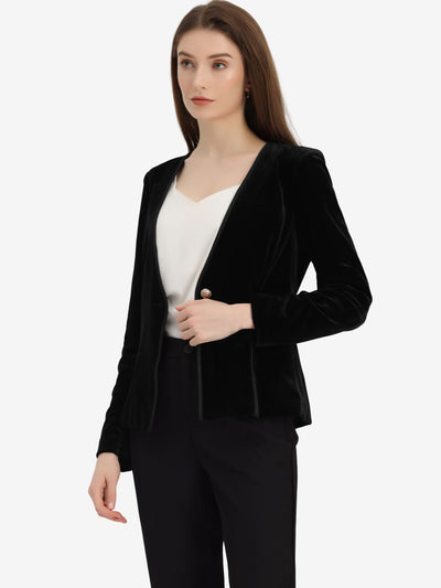 Long Sleeve Office Collarless 1 Button Velvet Blazer