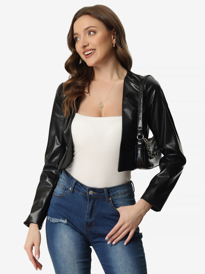 Cropped Jacket Faux PU Leather Long Sleeve Coat