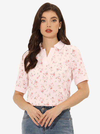 Allegra K Floral Turndown Collar Split Neck Short Sleeve Elegant Blouse