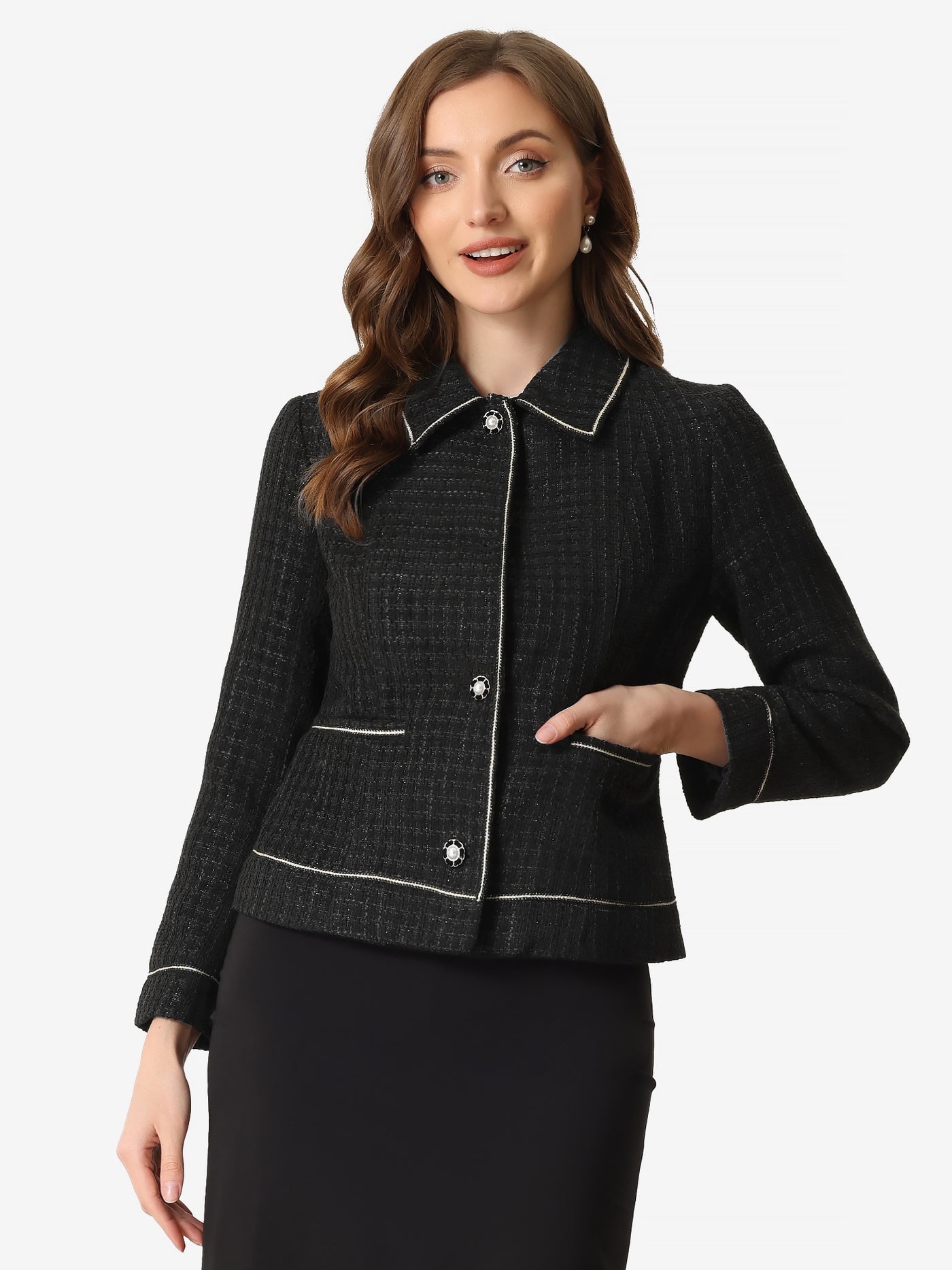 Allegra K Collared Long Sleeve Contrast Trim Button Down Work Short Jacket