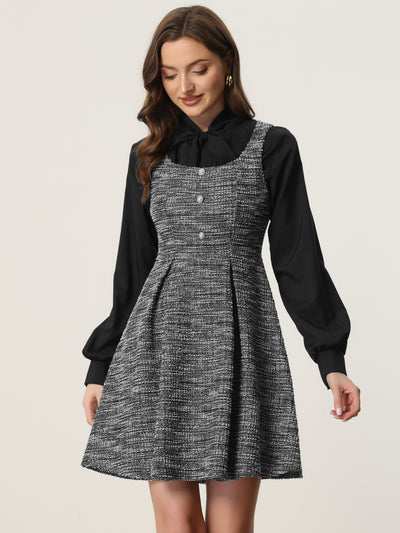 Tweed Sleeveless Square Neck Plaid Fit and Flare Dress