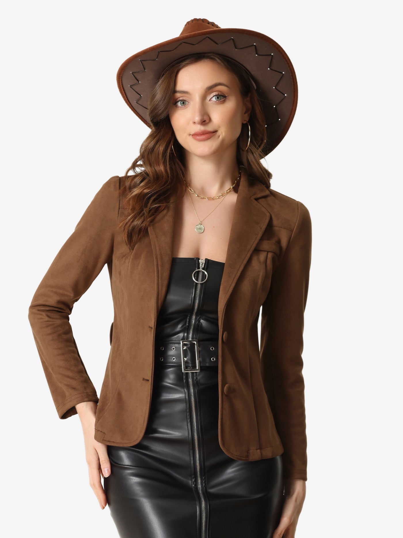 Allegra K Faux Suede Blazer Notched Lapel Collar Casual Jacket with Belt