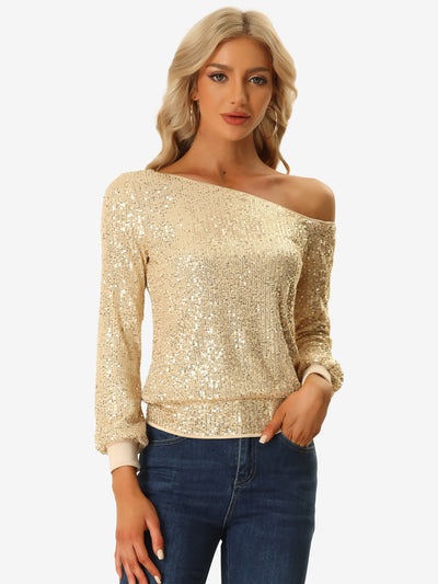 Off Shoulder Sequins Tops Disco Party Sparkly Glitter Top