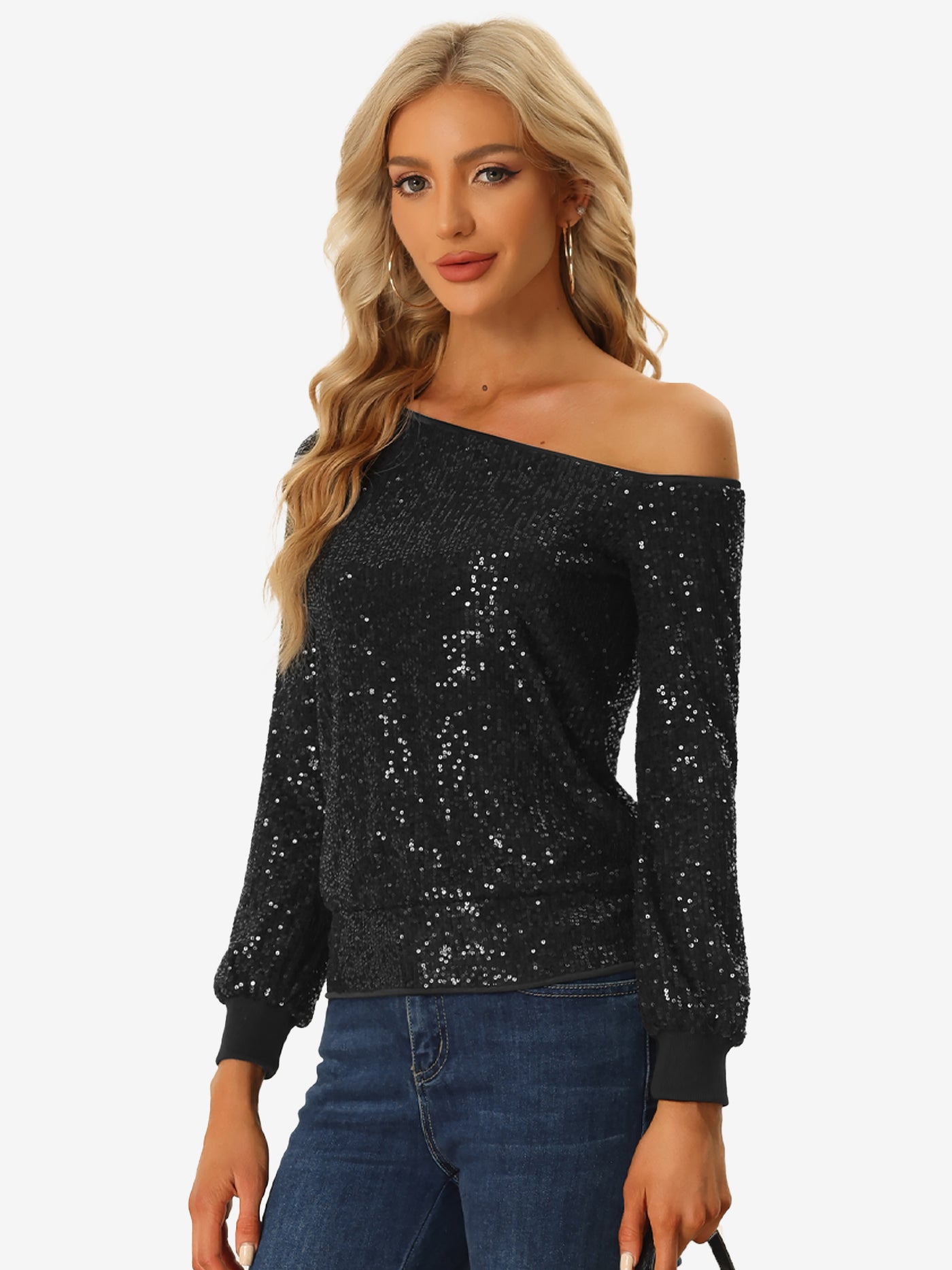 Allegra K Off Shoulder Sequins Tops Disco Party Sparkly Glitter Top