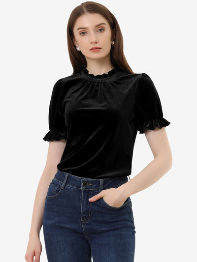 Ruffle Collar Short Cuff Sleeve Velvet Tops Blouse