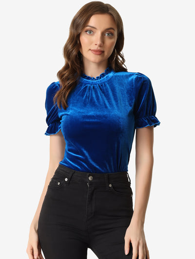 Ruffle Collar Short Cuff Sleeve Velvet Tops Blouse