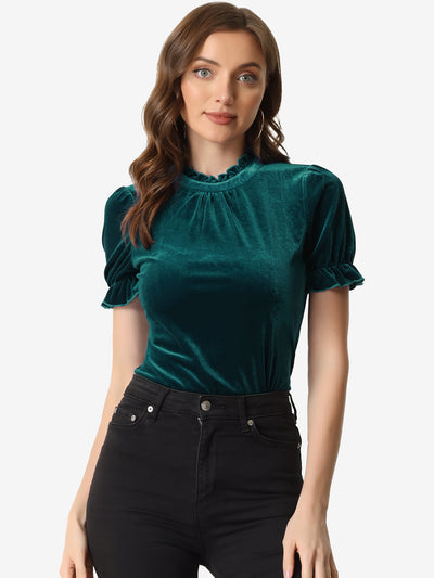 Ruffle Collar Short Cuff Sleeve Velvet Tops Blouse