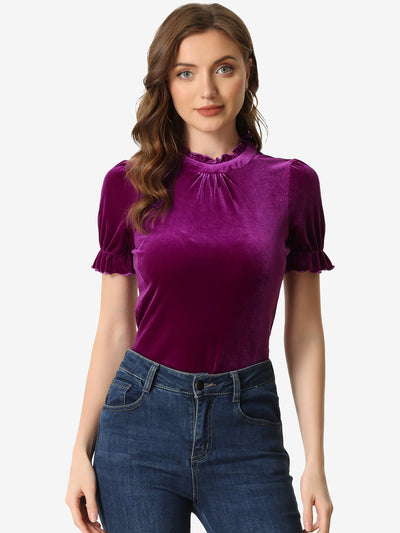 Ruffle Collar Short Cuff Sleeve Velvet Tops Blouse