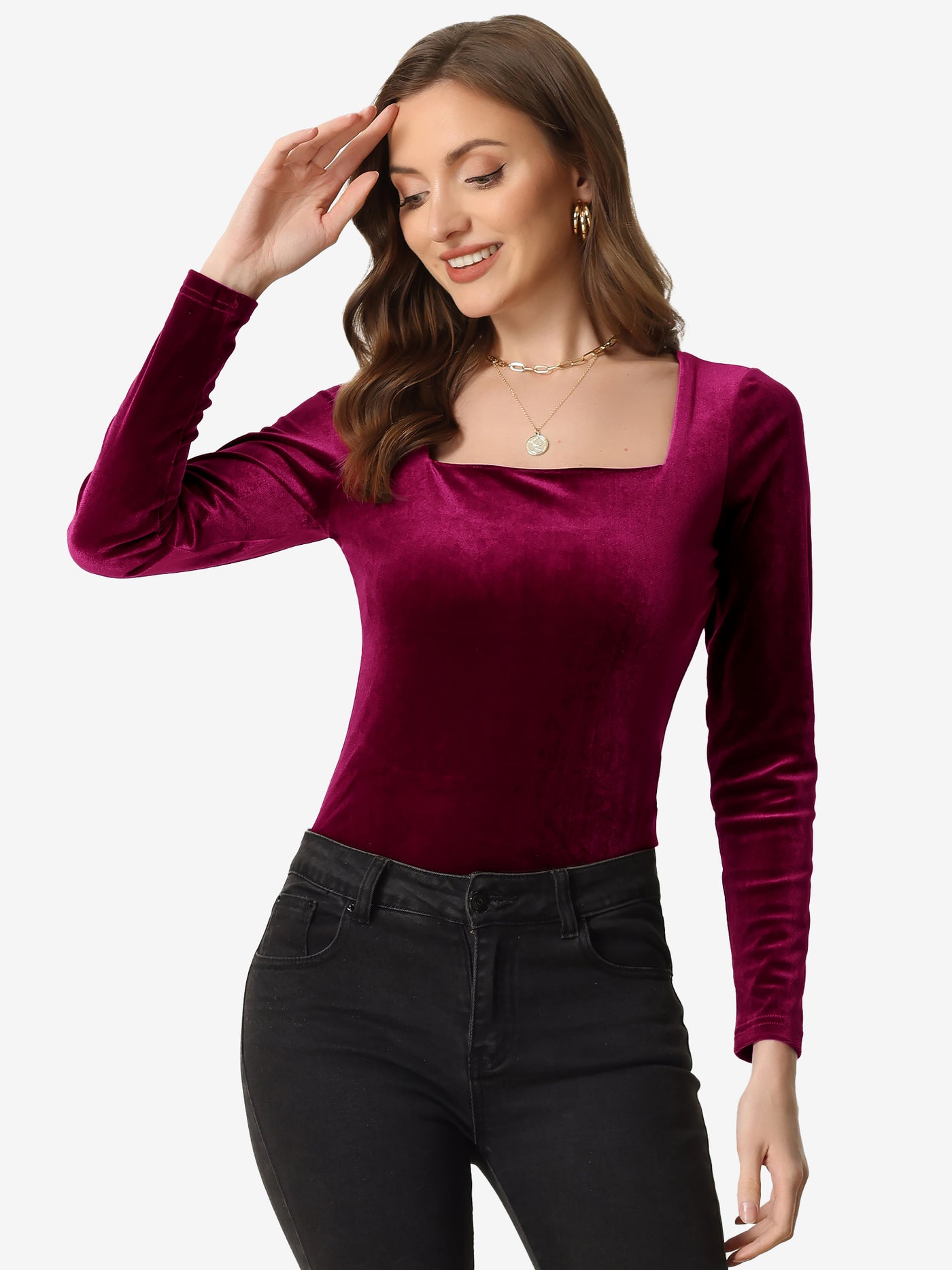 Allegra K Long Sleeve Velvet Square Neck Casual T-Shirt Blouse