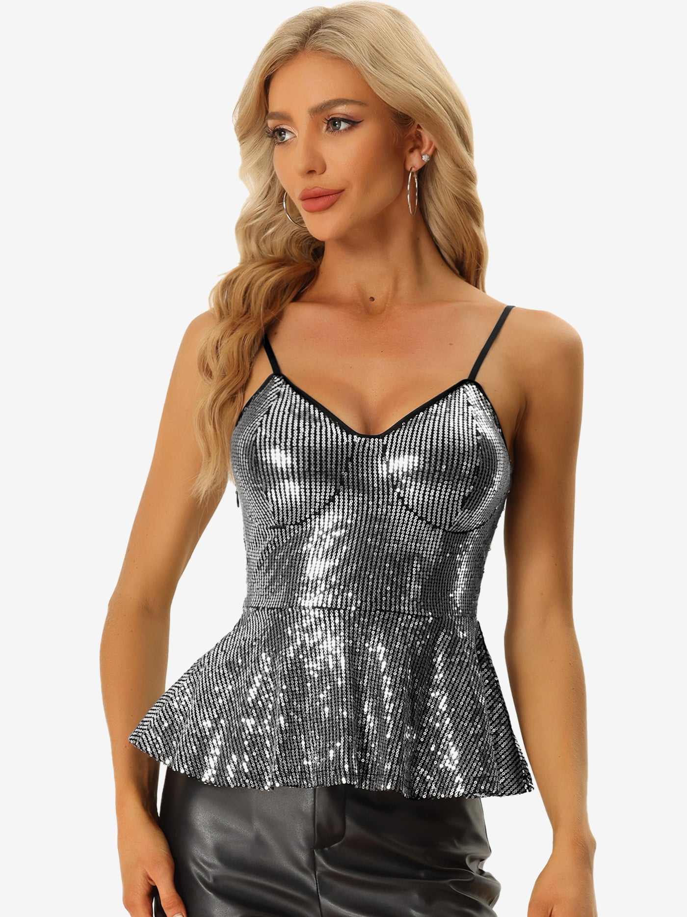 Allegra K Sequin Cami Spaghetti Strap V Neck Sparkle Ruffles Peplum Top