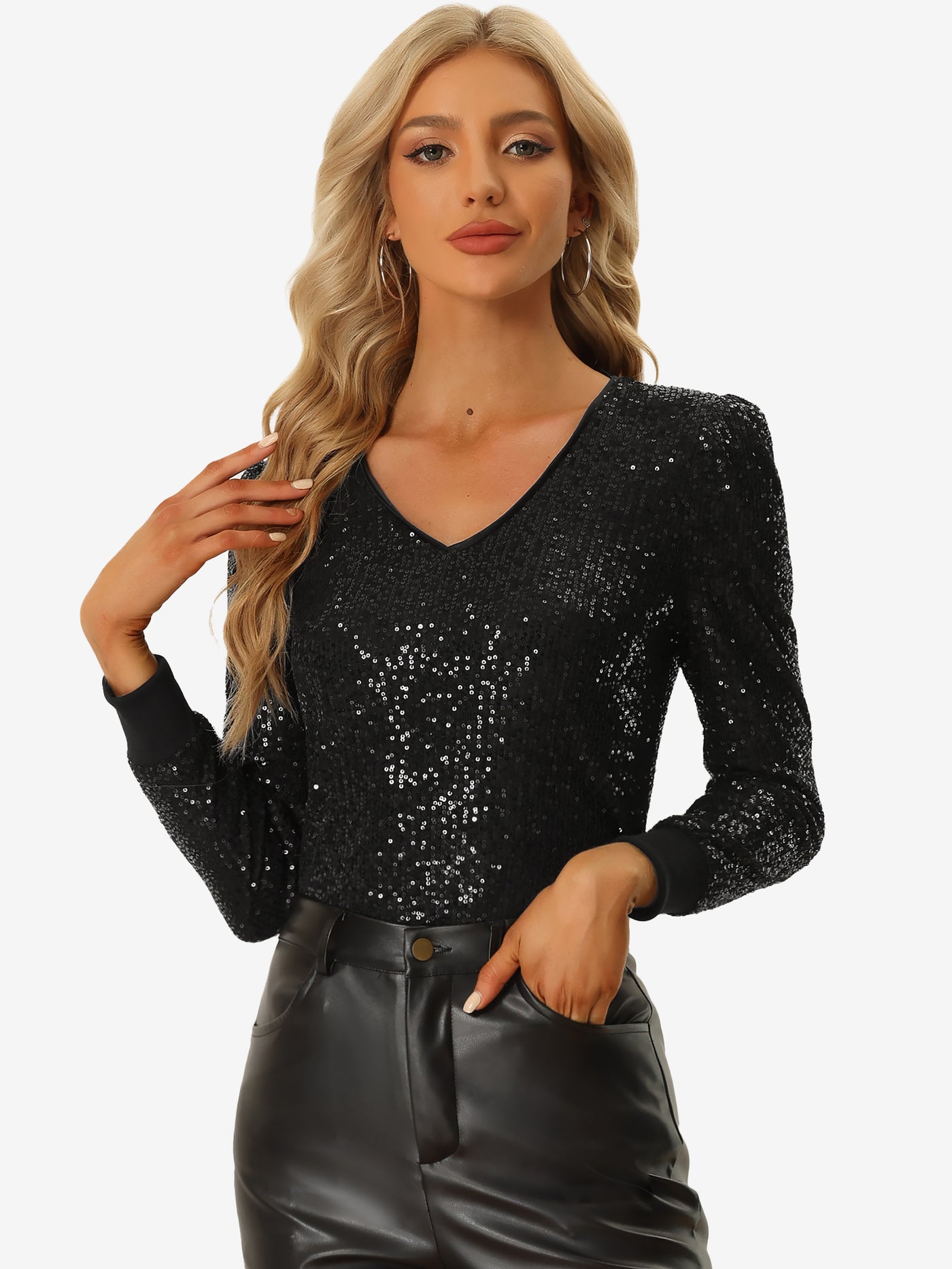 Allegra K Sequin Top V Neck Party Metallic Sparkly Blouse