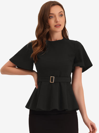 Peplum Round Neck Bell Sleeve Belted Waist Office Blouse