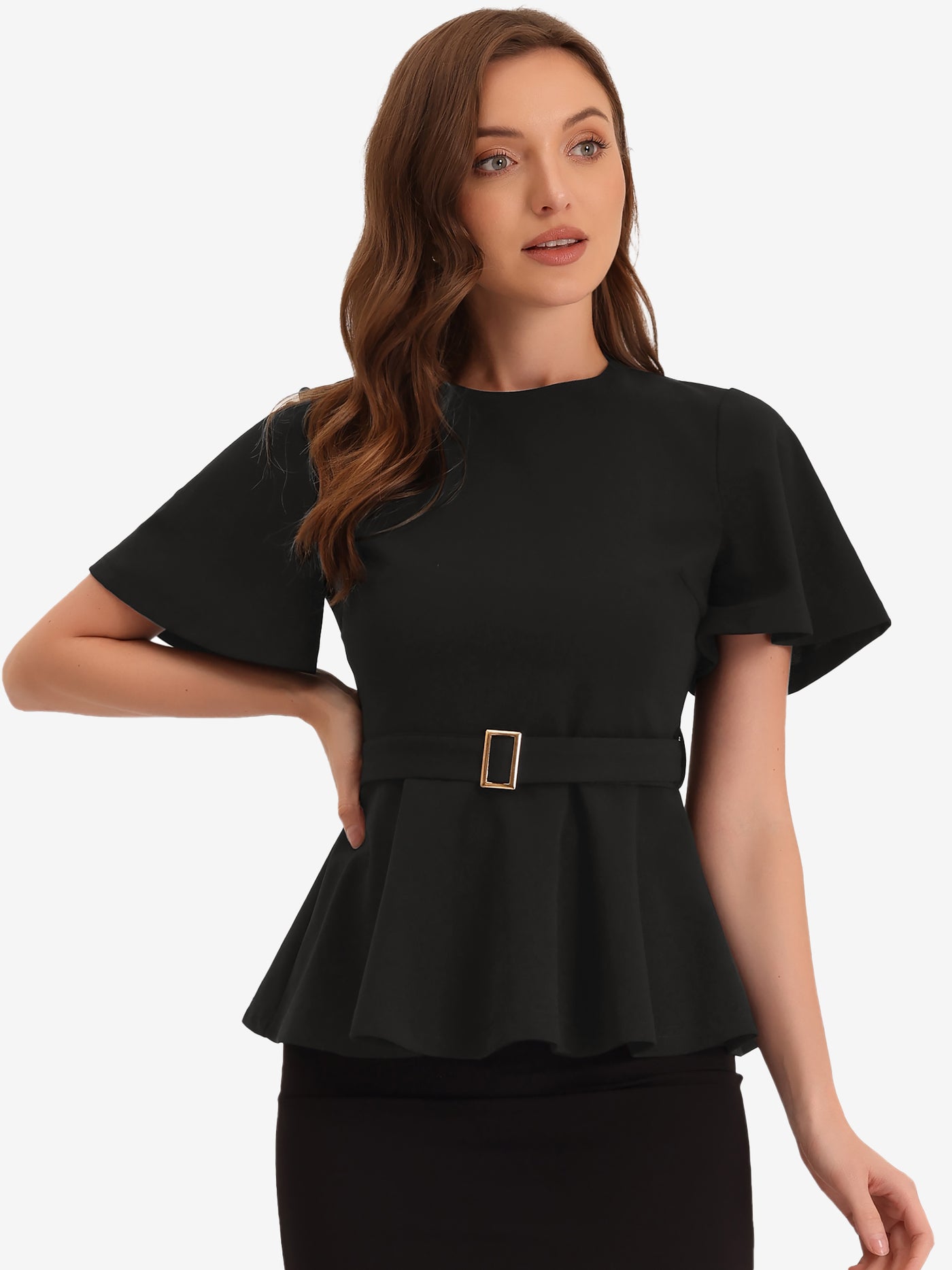 Allegra K Peplum Round Neck Bell Sleeve Belted Waist Office Blouse