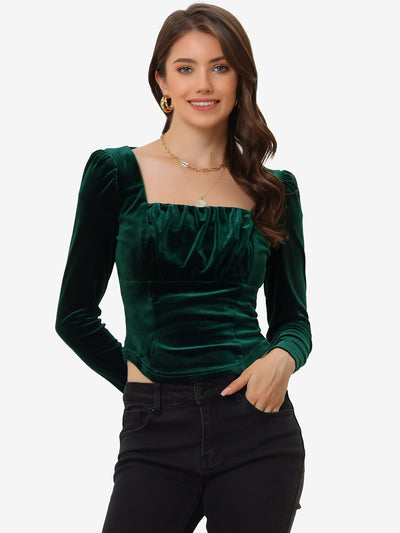 Allegra K Velvet Cropped Long Sleeve Party Square Neck Top Blouse