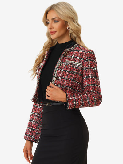 Stand Collar Double Breasted Elegant Plaid Tweed Crop Jacket