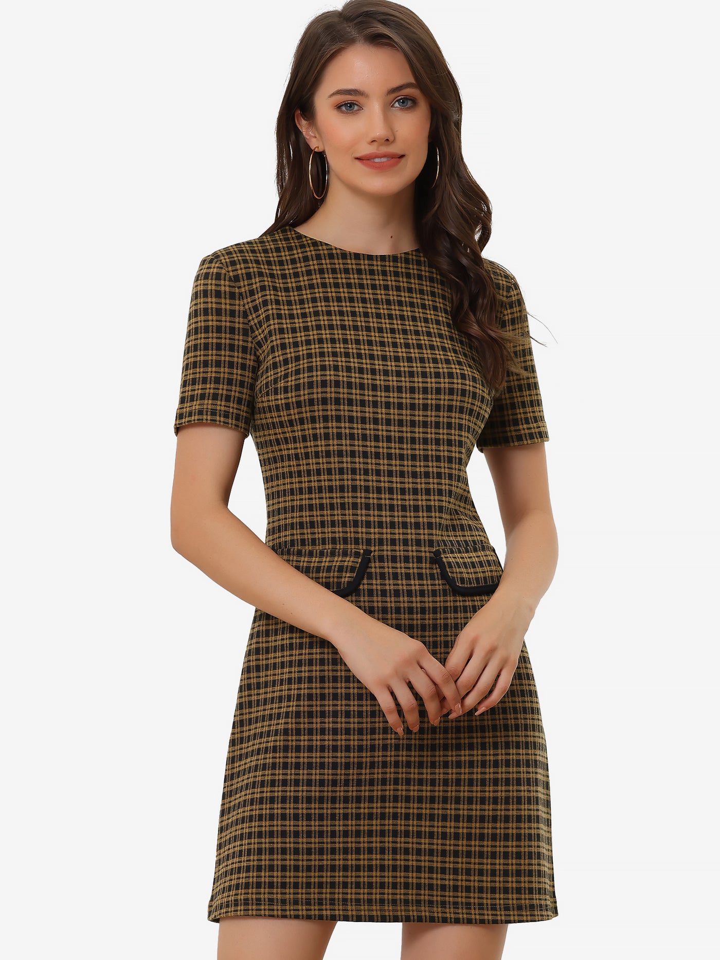 Work Short Sleeve Vintage Houndstooth Pencil Sheath Dress Allegra K