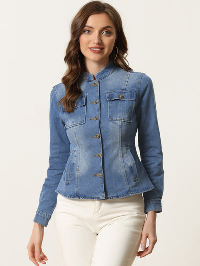 Allegra K Casual Denim Classic Stand Collar Long Sleeve Jean Jacket