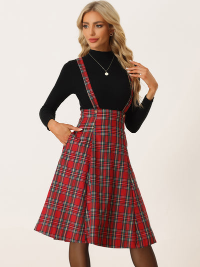 Plaid Overall Tartan Pinafore Suspender Midi Skirt