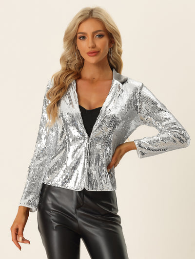 Allegra K Lapel Collar Sequin Shiny Metallic Cropped Jacket Blazer