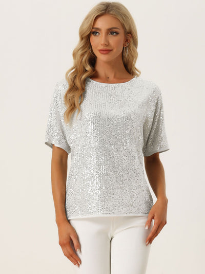 Sequin Top Round Neck Short Sleeve Party Clubwear Blouse